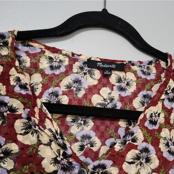 Pansy Floral Dusty Burgundy Viola Ruffle Drawstring Blouse - Picture 3 of 8